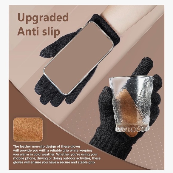 Women’s Black Knit Gloves with Tan Patch - Picture 2 of 5